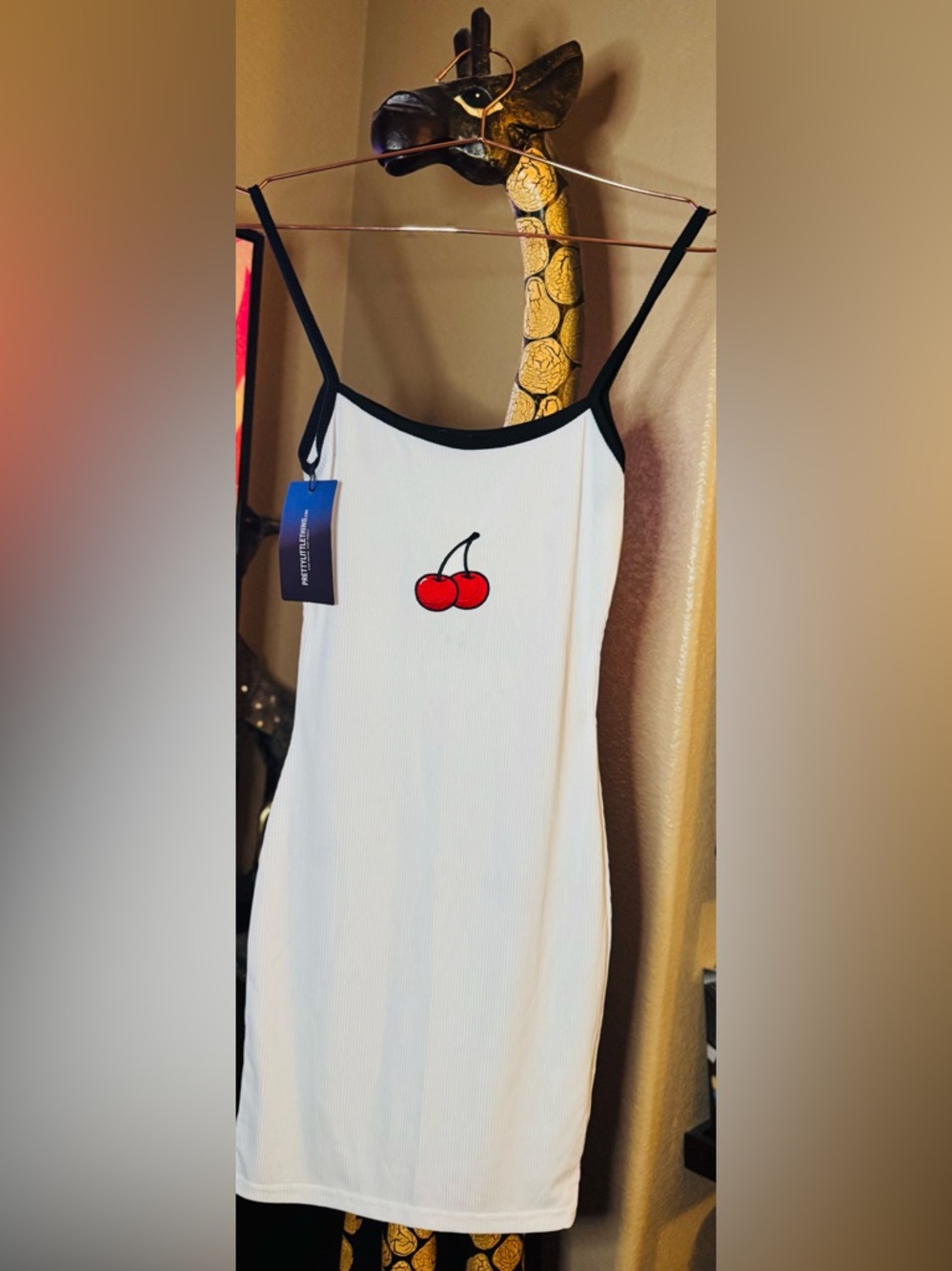 PrettyLittleThing White Ribbed Cherry Slip Dress with Black Trim